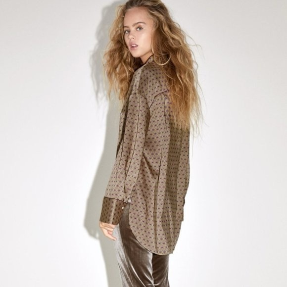 Zara Brown Patterned Button-Up Geometric Patterned Pajama Top Blouse Size Medium - Picture 2 of 11